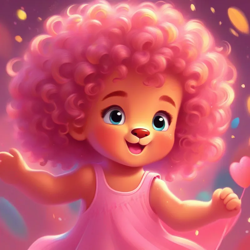 Adorable baby girl, pink dress, curly hair, sparkling eyes and lion playing, happiness, loving colors