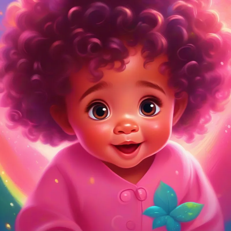 Adorable baby girl, pink dress, curly hair, sparkling eyes learns to listen, happy ending, vibrant colors