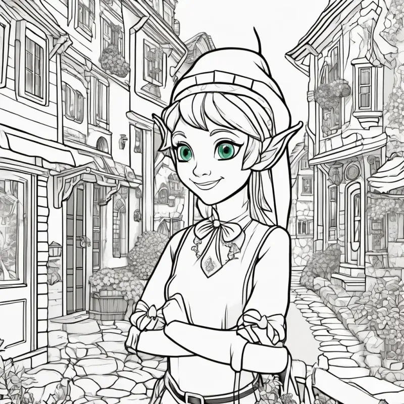 Introducing Elinor the elf, with green skin, bright blue eyes, and pointy ears the elf in her quaint town.