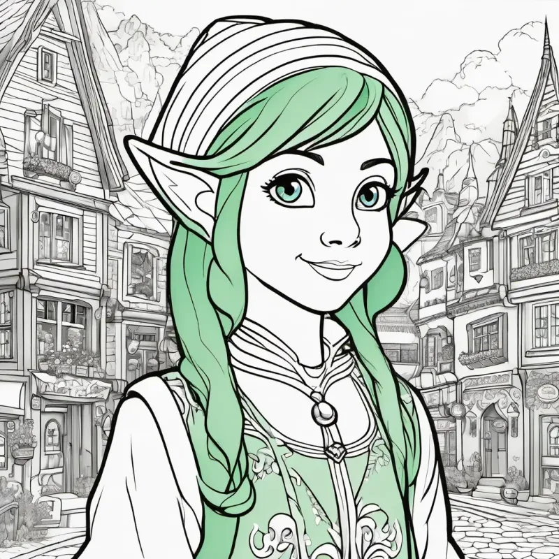 Introducing Elinor the elf, with green skin, bright blue eyes, and pointy ears the elf in her quaint town.