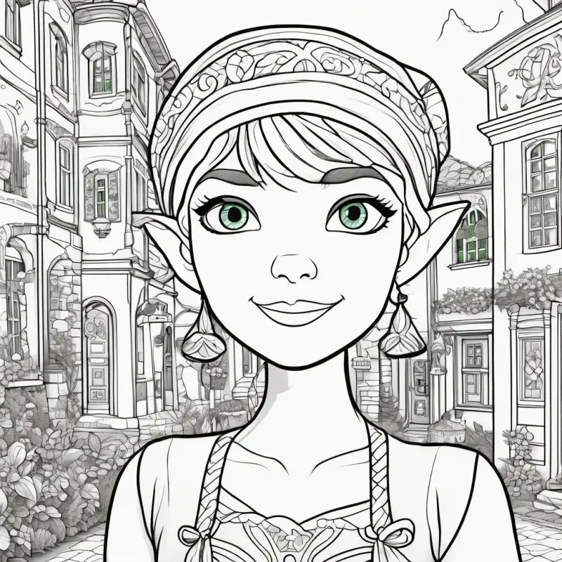 Introducing Elinor the elf, with green skin, bright blue eyes, and pointy ears the elf in her quaint town.