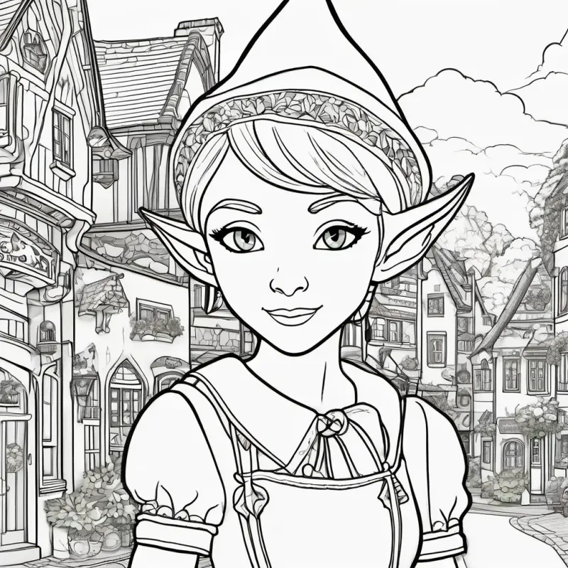 Introducing Elinor the elf, with green skin, bright blue eyes, and pointy ears the elf in her quaint town.