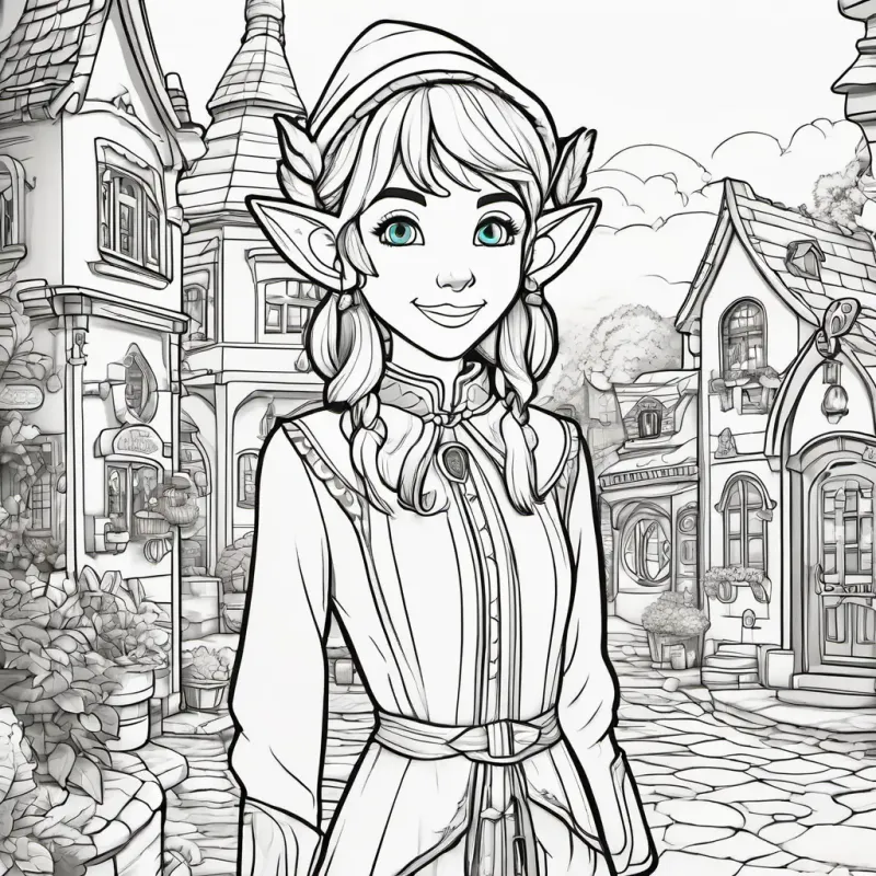Introducing Elinor the elf, with green skin, bright blue eyes, and pointy ears the elf in her quaint town.
