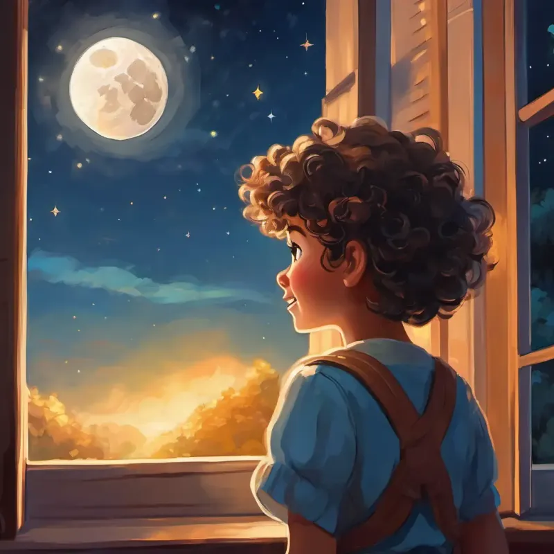 Curly-haired girl with sparkly eyes and a big smile looking out of her window at the big, bright full moon in the sky