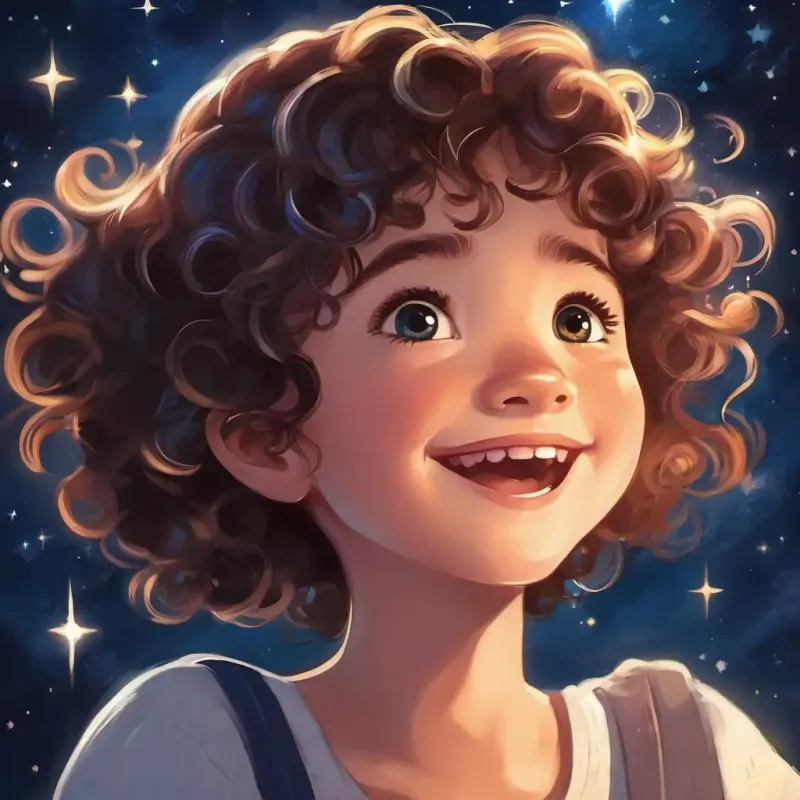 Curly-haired girl with sparkly eyes and a big smile talking to Shining star with a twinkle in its eye, a sparkling star in the night sky