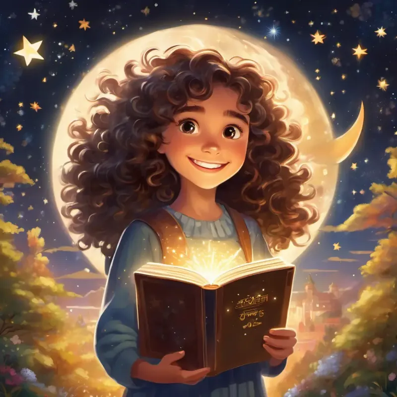Curly-haired girl with sparkly eyes and a big smile and Shining star with a twinkle in its eye following a moonbeam to find the hidden book, which sparkles and glows