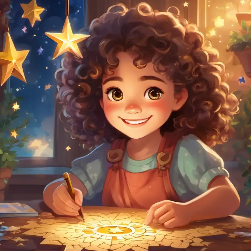 Curly-haired girl with sparkly eyes and a big smile and Shining star with a twinkle in its eye using teamwork to solve puzzles and finding a special message
