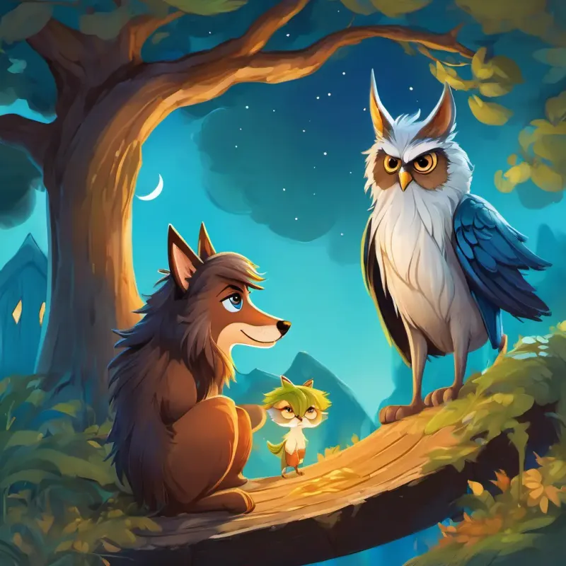 Brave young girl with determination, brown hair, and bright blue eyes, Loyal dog with soft fur, floppy ears, and a wagging tail, Mischievous fairy with vibrant blue wings and shimmering green eyes, Wise old owl with fluffy gray feathers and wise amber eyes, and Mischievous troll with wild, messy hair and a big, bushy beard standing on a rickety bridge, with Mischievous troll with wild, messy hair and a big, bushy beard blocking their way.