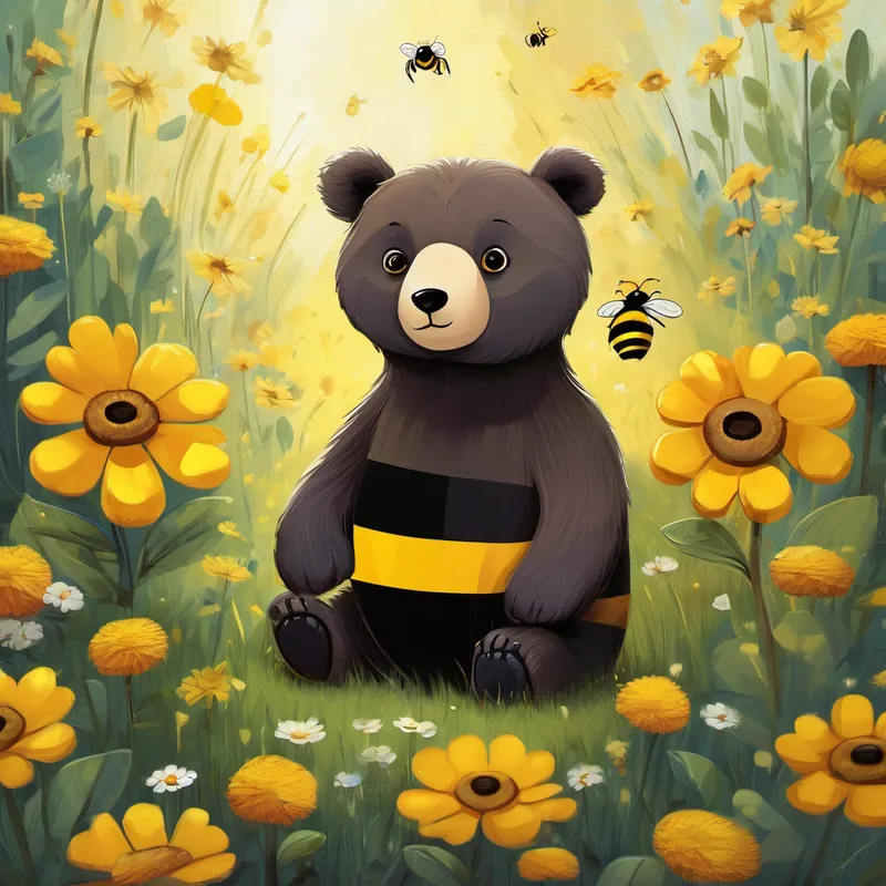 curious bear with brown fur and big black eyes sees small, buzzy bee with yellow and black stripes buzzing around a beautiful flower and thinks she is brave. curious bear with brown fur and big black eyes wants to be friends with small, buzzy bee with yellow and black stripes.