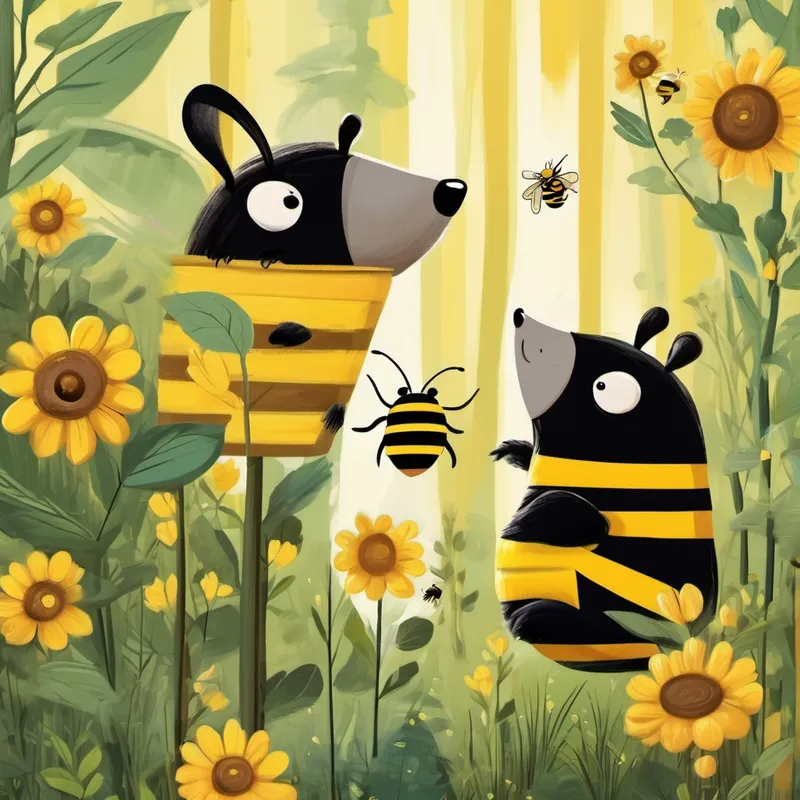 curious bear with brown fur and big black eyes and small, buzzy bee with yellow and black stripes become best friends. curious bear with brown fur and big black eyes learns about small, buzzy bee with yellow and black stripes's job as a bee and how she helps flowers grow. small, buzzy bee with yellow and black stripes teaches curious bear with brown fur and big black eyes about the plants in the forest.