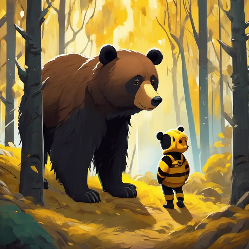 A big storm hits the forest. curious bear with brown fur and big black eyes feels sad and worried. small, buzzy bee with yellow and black stripes reassures curious bear with brown fur and big black eyes and they work together to move the fallen trees.