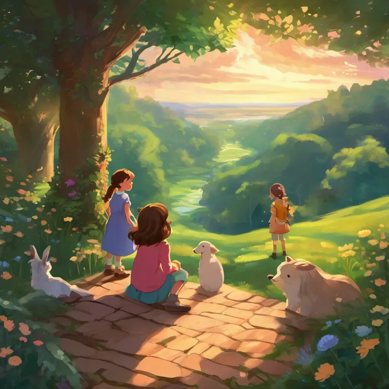 Once upon a time, in a land far away, there lived a young girl named Lily. Lily lived with her parents and her beloved Aunt Emily. Aunt Emily was not your ordinary aunt. She had a special gift - She could talk to animals! One day, as Aunt Emily and Lily sat on their cozy porch, they spotted a magical rainbow in the distance. Astonished by its beauty, they decided to follow it and see where it led. As they followed the shimmering colors, they entered a mystical forest filled with talking animals.