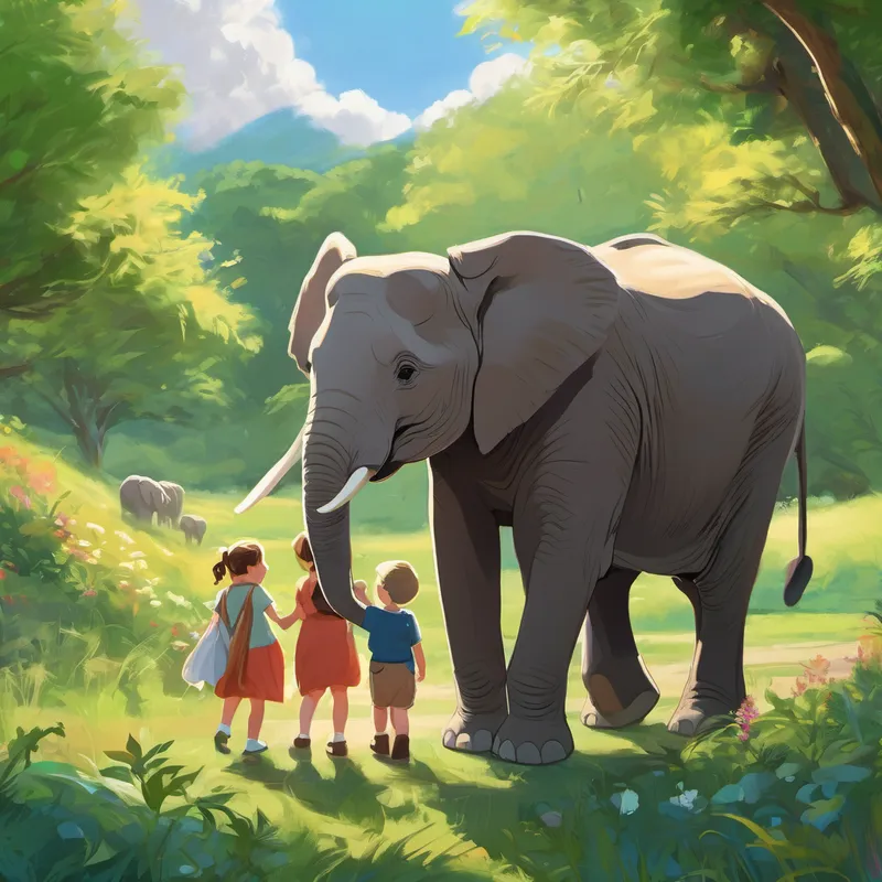 Finally, after days of searching, they reached a peaceful meadow surrounded by lush green trees. Aunt Emily's heart filled with joy as she witnessed a breathtaking scene - a whole herd of elephants, waiting patiently. Lily and Aunt Emily approached with Oliver trailing behind them. The baby elephant's eyes were wide with excitement, for he recognized his family in an instant. Overwhelmed with happiness, he rushed towards his mother, who enveloped him in a gentle, loving embrace.