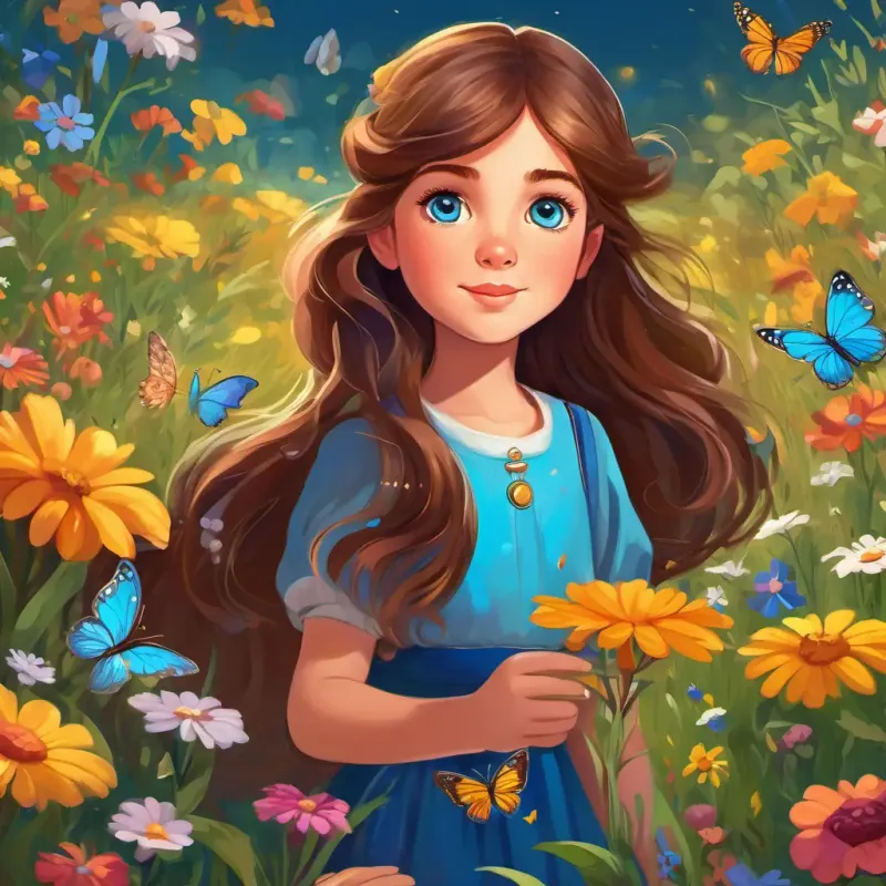 The story begins with Curious and eager girl with brown hair and bright blue eyes in a beautiful meadow, surrounded by colorful flowers and butterflies. Curious and eager girl with brown hair and bright blue eyes is depicted as a curious and eager young girl with brown hair and bright blue eyes.