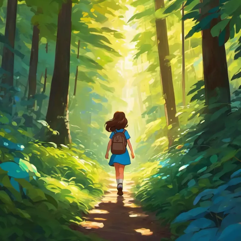 Curious and eager girl with brown hair and bright blue eyes embarks on her journey, walking through a dense forest. The forest is filled with tall trees and sunlight shining through the leaves. Curious and eager girl with brown hair and bright blue eyes is determined and focused, her eyes filled with excitement and determination.