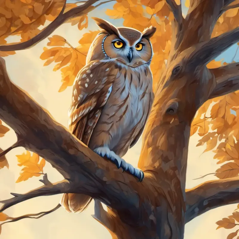 Curious and eager girl with brown hair and bright blue eyes finds the wise old owl perched on a branch of a towering tree. The owl has soft feathers, with a mix of brown and grey. Its eyes are large and filled with wisdom, shining like bright amber.