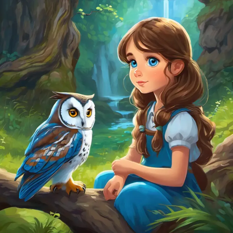 Curious and eager girl with brown hair and bright blue eyes and the owl sit on a soft mossy patch near a babbling brook. Curious and eager girl with brown hair and bright blue eyes is attentive, looking up at the owl with respect. The owl is perched on a branch, looking down at Curious and eager girl with brown hair and bright blue eyes with a kind and patient expression.