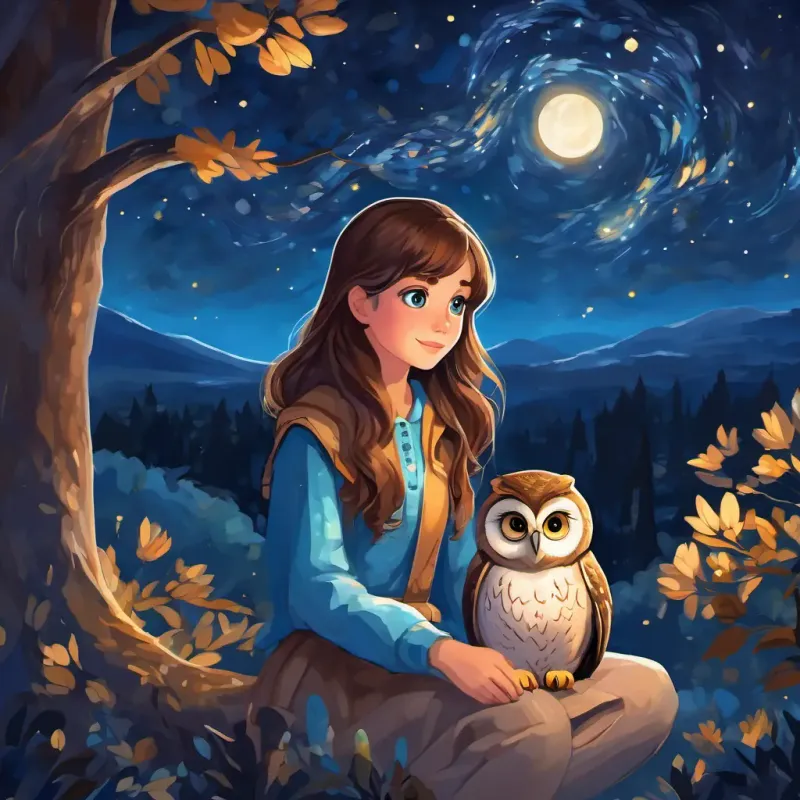 Curious and eager girl with brown hair and bright blue eyes and the owl are shown sitting under a starry night sky. Curious and eager girl with brown hair and bright blue eyes's face is filled with awe and understanding, while the wise owl looks down at her, proud of her progress.