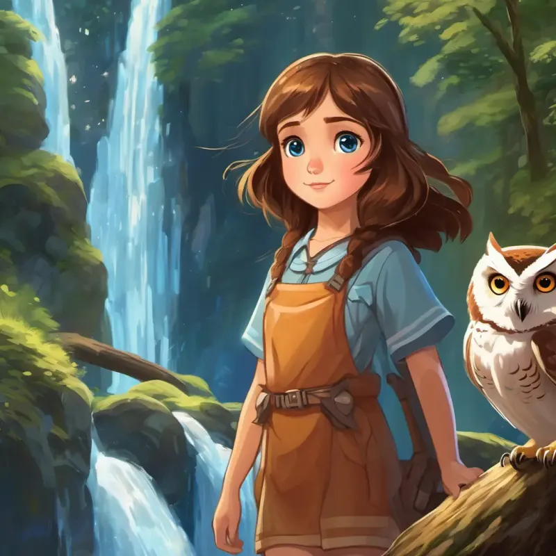 Curious and eager girl with brown hair and bright blue eyes and the owl are shown parting ways near a sparkling waterfall. Curious and eager girl with brown hair and bright blue eyes is depicted with a bright smile on her face, and the owl looks on with a sense of accomplishment.