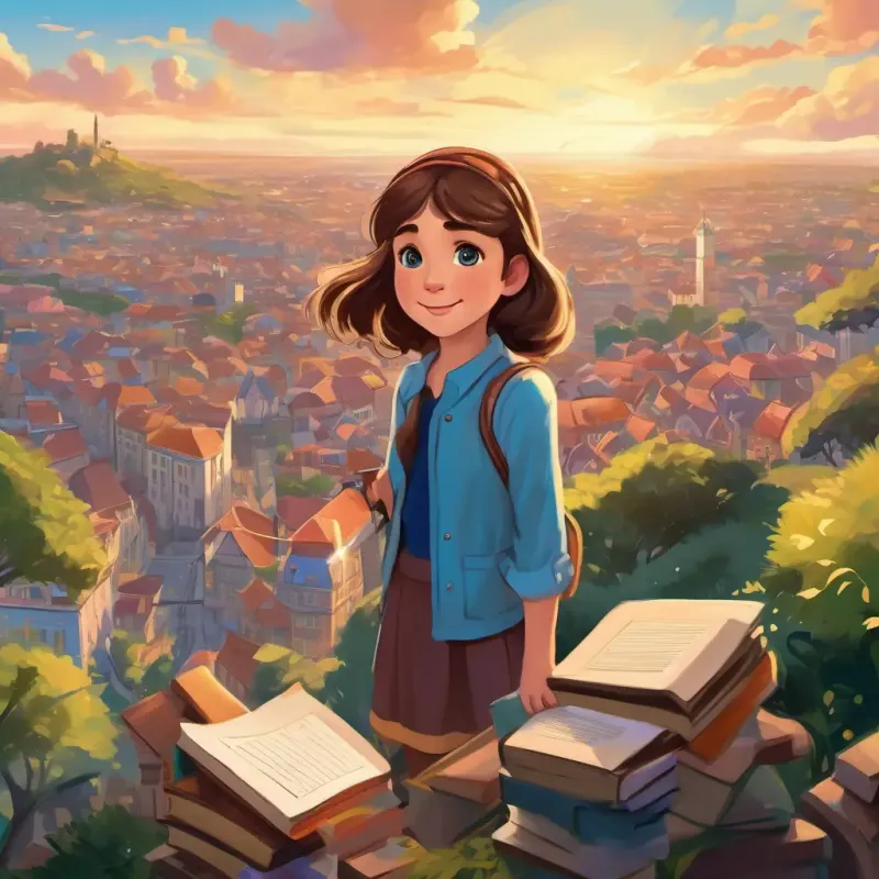 The final page shows Curious and eager girl with brown hair and bright blue eyes standing on a hill overlooking a vibrant city. Curious and eager girl with brown hair and bright blue eyes is surrounded by books and learning tools, signifying her growth and knowledge. She is portrayed as a confident and independent young girl, radiating with joy.