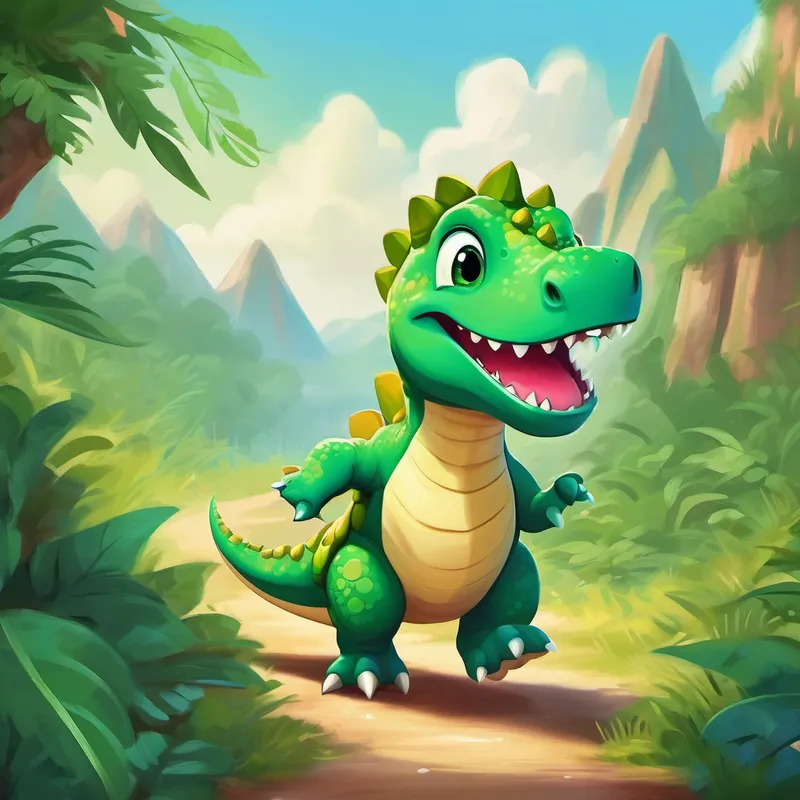 Friendly dinosaur with green scales and a big smile sets off on an adventure, with a big smile