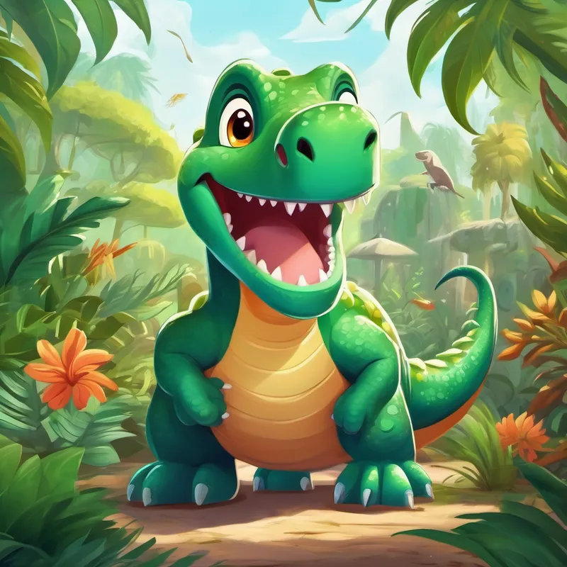 Friendly dinosaur with green scales and a big smile at the zoo, surrounded by animals and plants