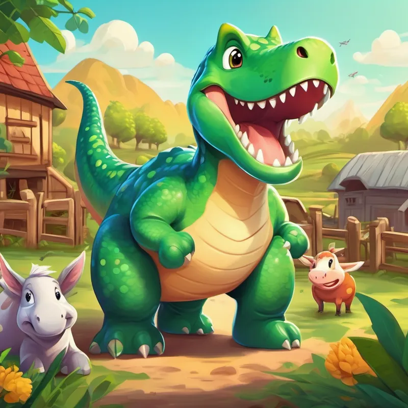 Friendly dinosaur with green scales and a big smile at the farm, surrounded by farm animals