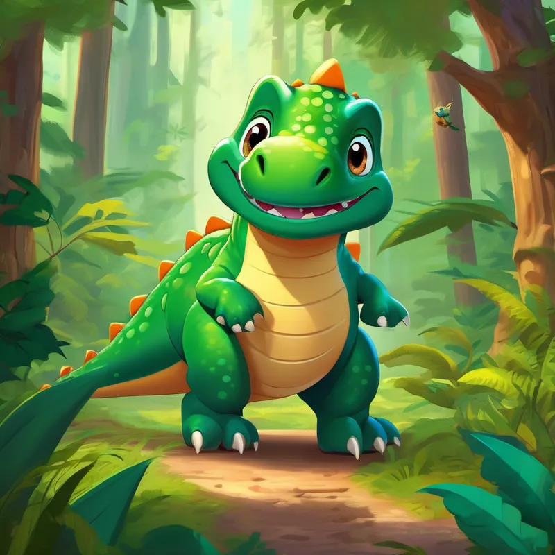 Friendly dinosaur with green scales and a big smile in the forest, surrounded by trees and animals
