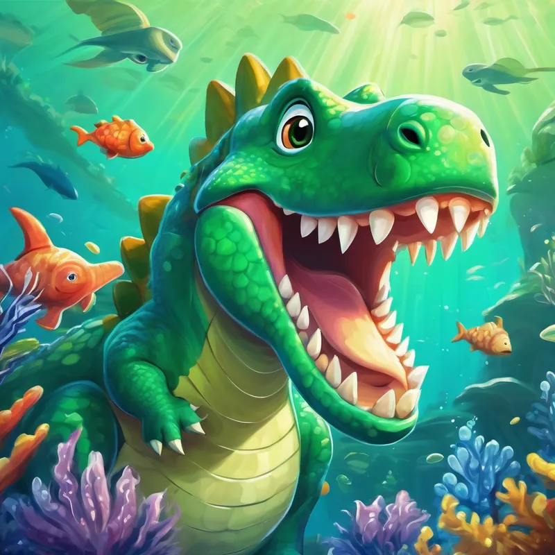 Friendly dinosaur with green scales and a big smile at the ocean, surrounded by underwater creatures