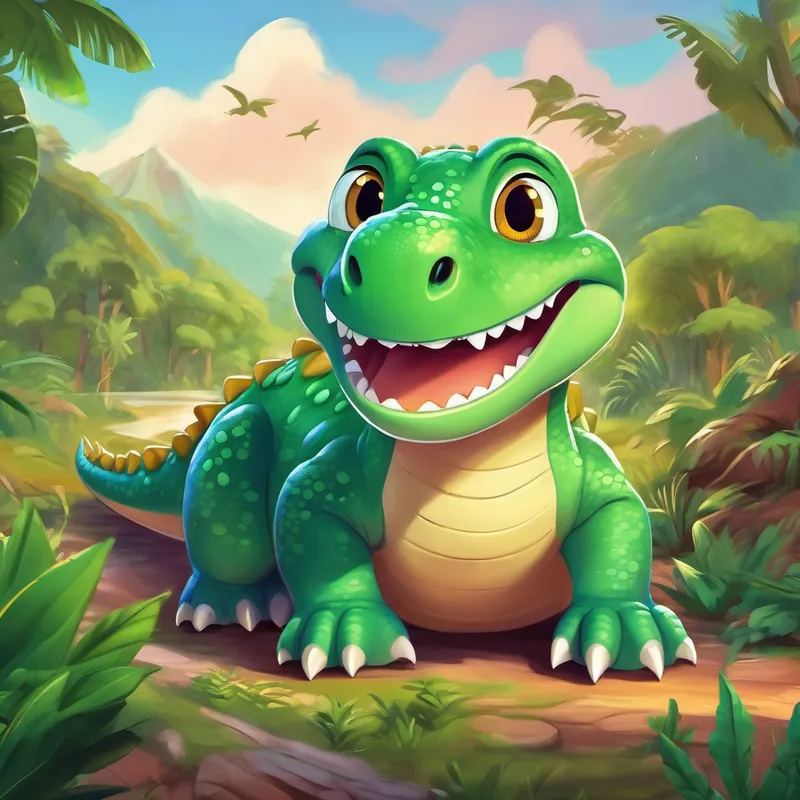 Friendly dinosaur with green scales and a big smile happily sharing his adventure stories with friends