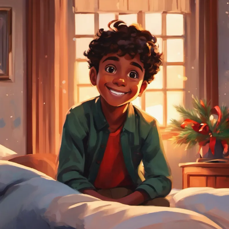 Introduction, Curious boy with brown skin, dark eyes, and a friendly smile in bedroom, feeling both excited and nervous.