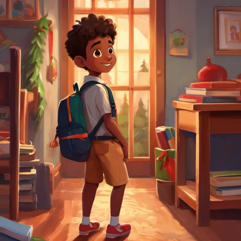 Curious boy with brown skin, dark eyes, and a friendly smile prepares for school, standing with a backpack, in his room.