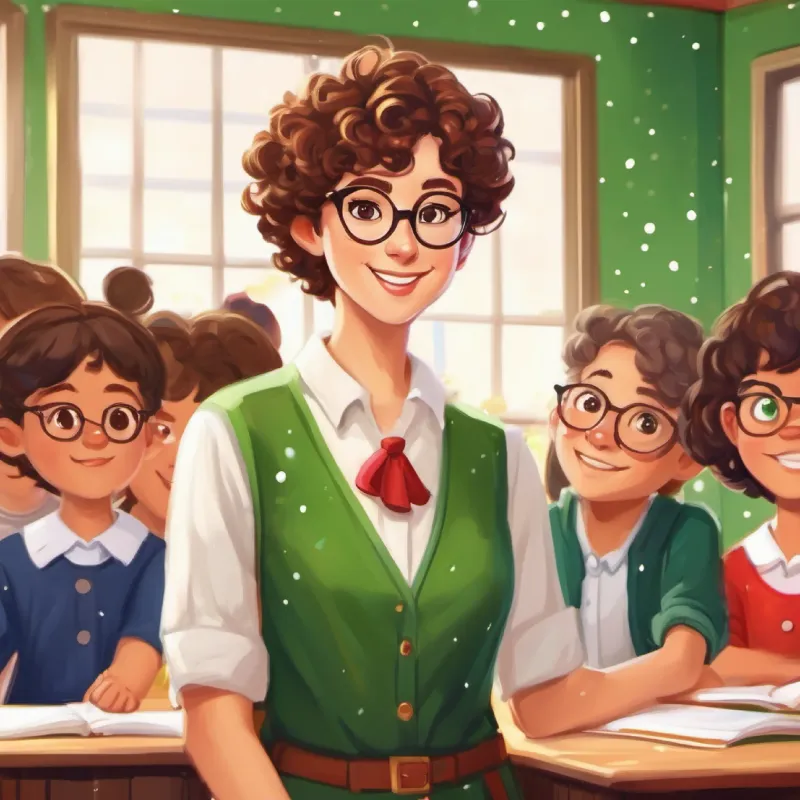 Meeting the teacher, Kind teacher with glasses, green eyes, and short curly hair, friendly environment, classroom setting.