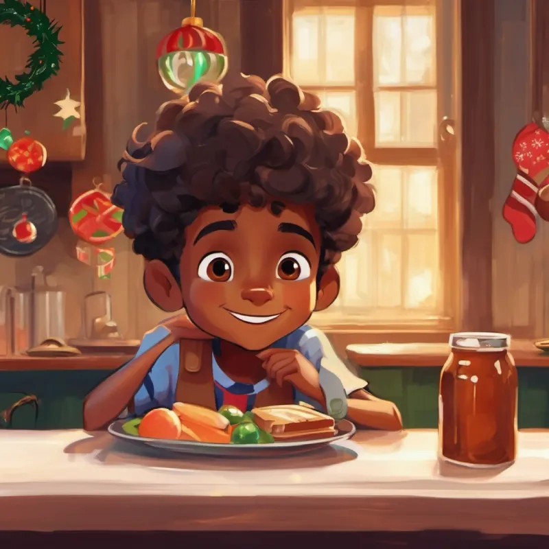 Lunch interaction, Curious boy with brown skin, dark eyes, and a friendly smile is generous, forming friendships.