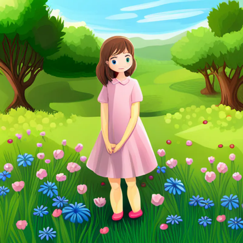 Brown-haired girl wearing a pink dress and blue shoes standing in a meadow with flowers