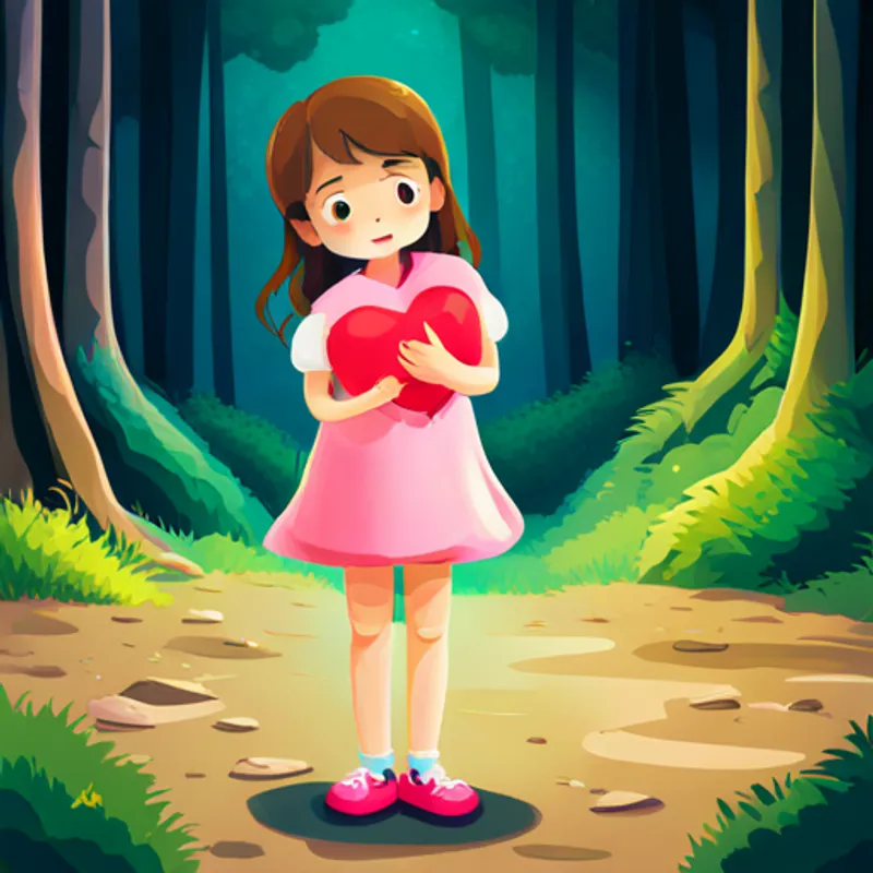 Brown-haired girl wearing a pink dress and blue shoes hugging a big heart shape
