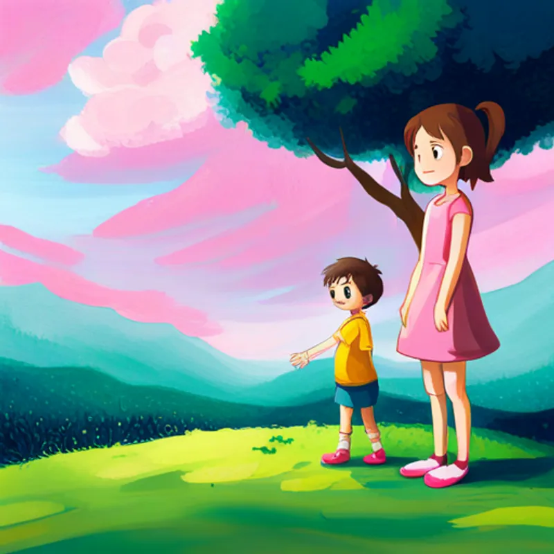 Brown-haired girl wearing a pink dress and blue shoes reaching out to a person in need