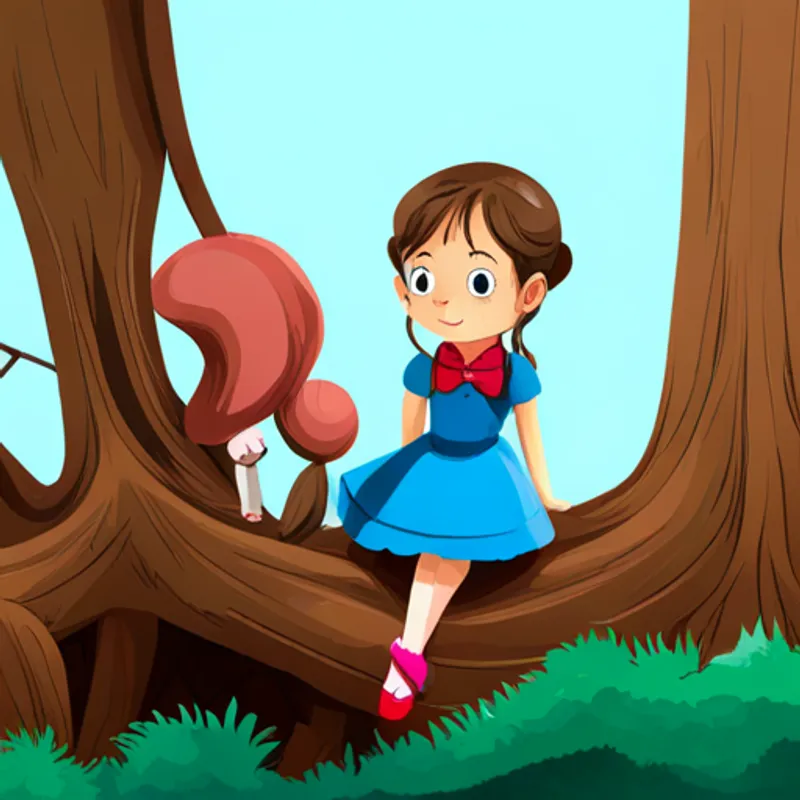 Brown-haired girl wearing a pink dress and blue shoes sitting on a tree branch with Talking squirrel with brown fur and a red bowtie