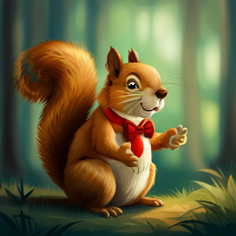Talking squirrel with brown fur and a red bowtie looking sad without his acorn