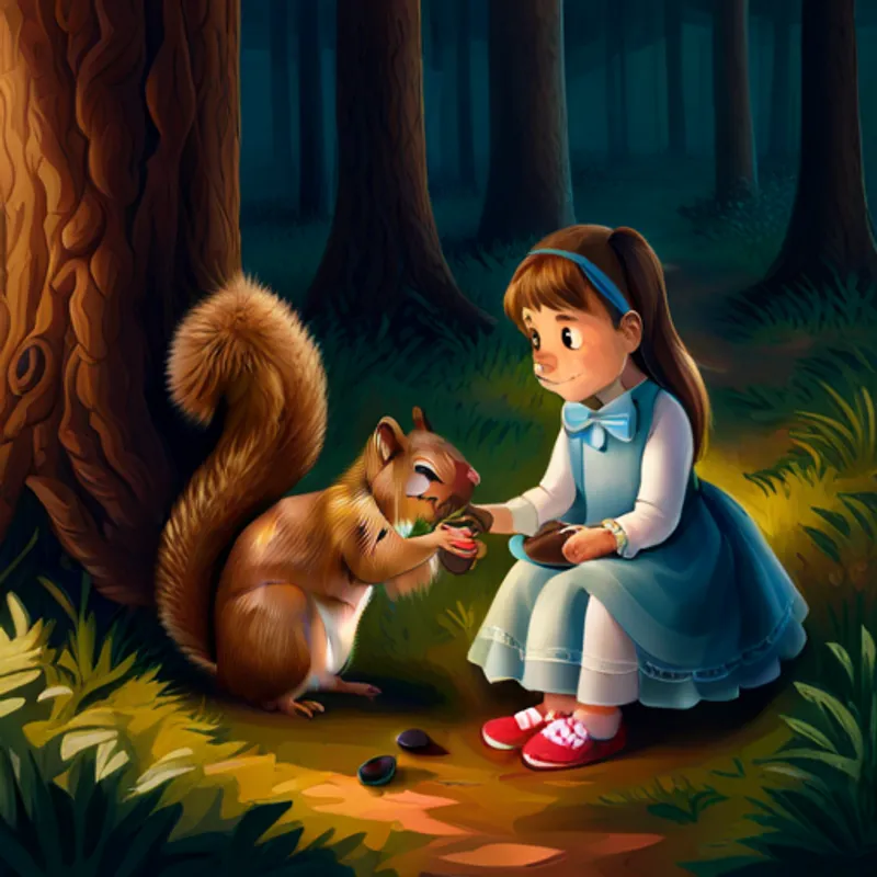 Brown-haired girl wearing a pink dress and blue shoes and Talking squirrel with brown fur and a red bowtie searching for the acorn