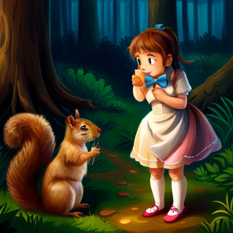 Brown-haired girl wearing a pink dress and blue shoes and Talking squirrel with brown fur and a red bowtie talking to various animals
