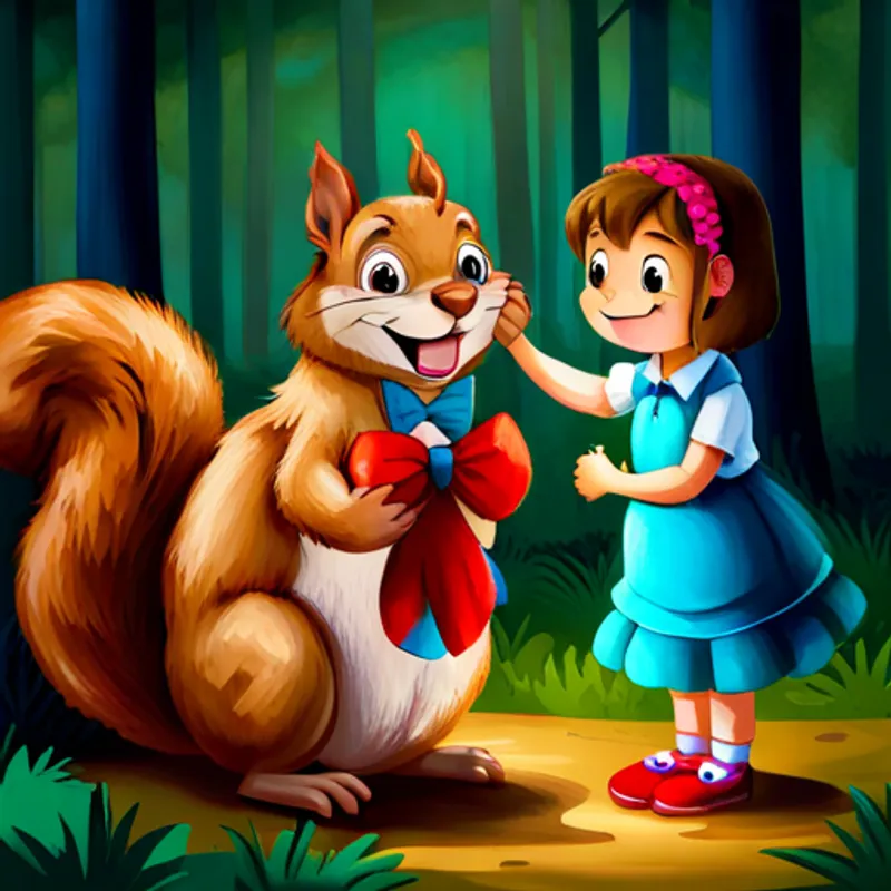 Talking squirrel with brown fur and a red bowtie hugging Brown-haired girl wearing a pink dress and blue shoes with a big smile