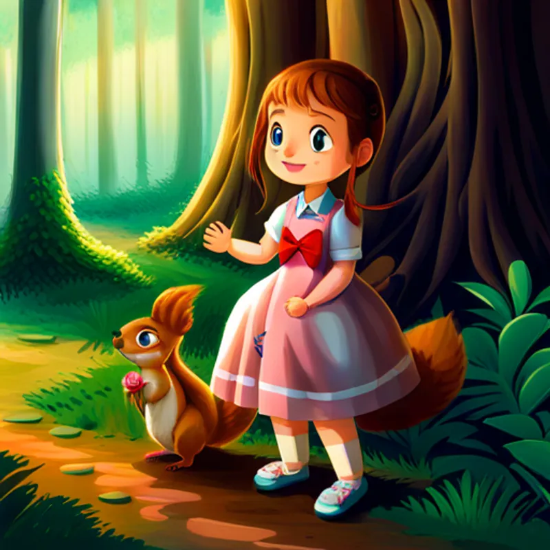Brown-haired girl wearing a pink dress and blue shoes and Talking squirrel with brown fur and a red bowtie holding hands and smiling