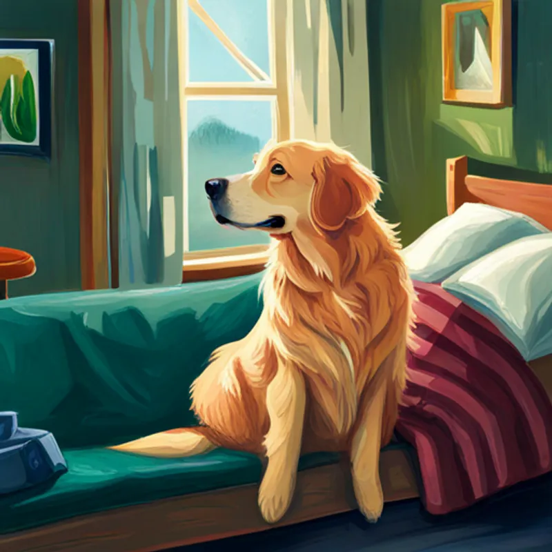 Golden Retriever with a wagging tail and fluffy coat wakes up and sees himself as a human