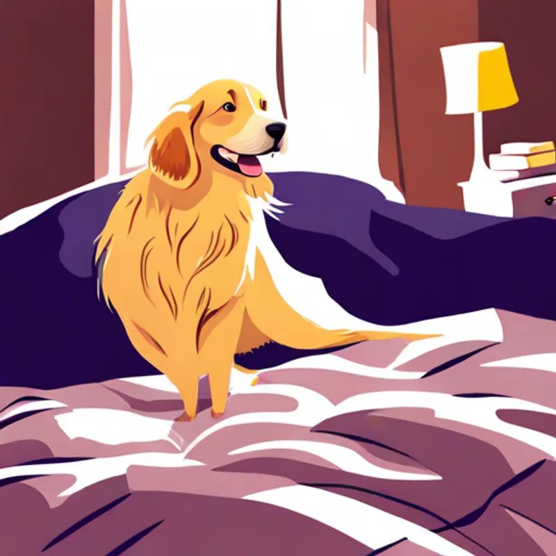 Golden Retriever with a wagging tail and fluffy coat excitedly jumps out of bed, ready for adventure