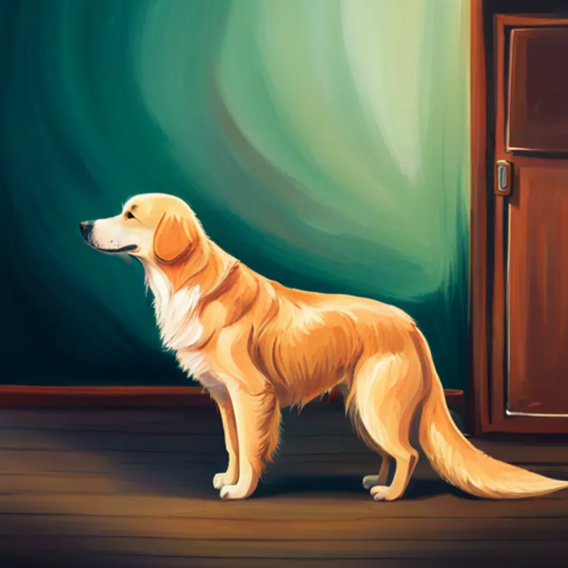 Golden Retriever with a wagging tail and fluffy coat sadly looks at his bare human body