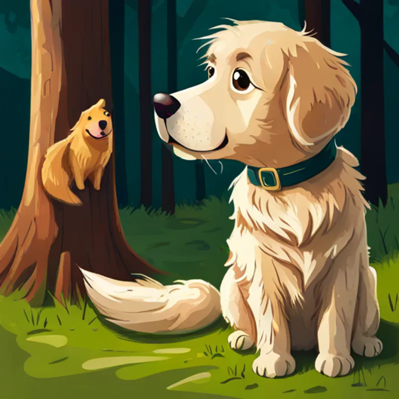 Golden Retriever with a wagging tail and fluffy coat stares longingly at a squirrel out of reach