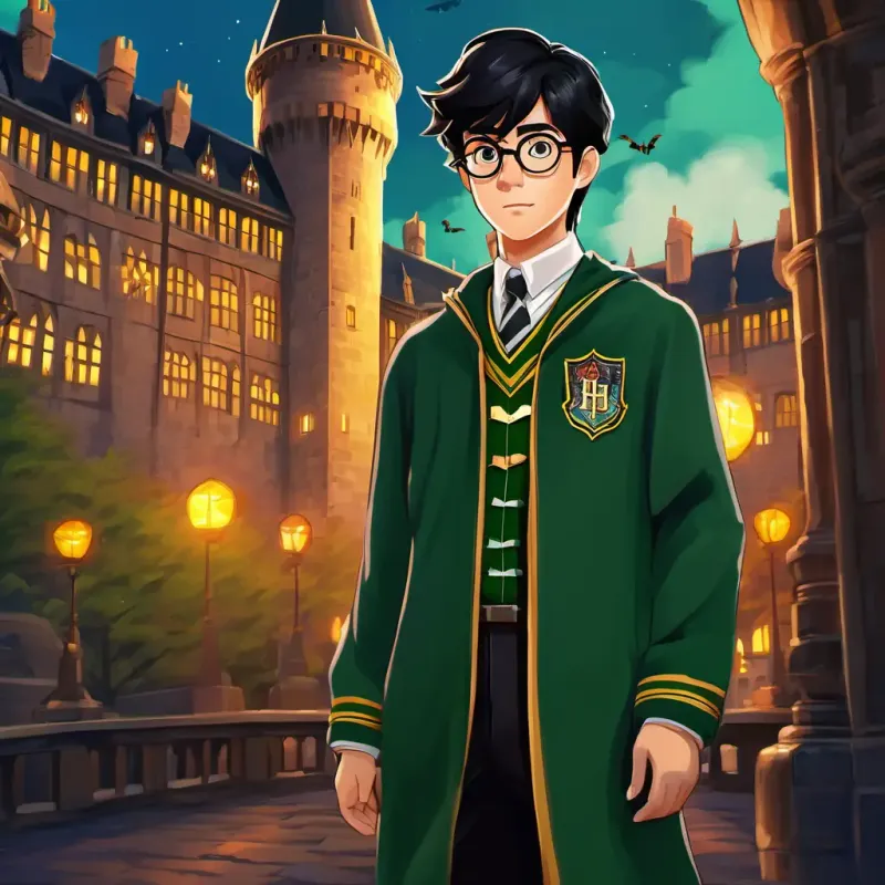 Black hair, glasses, green eyes, wearing Hogwarts uniform in his Hogwarts uniform, standing in front of the majestic Hogwarts castle.