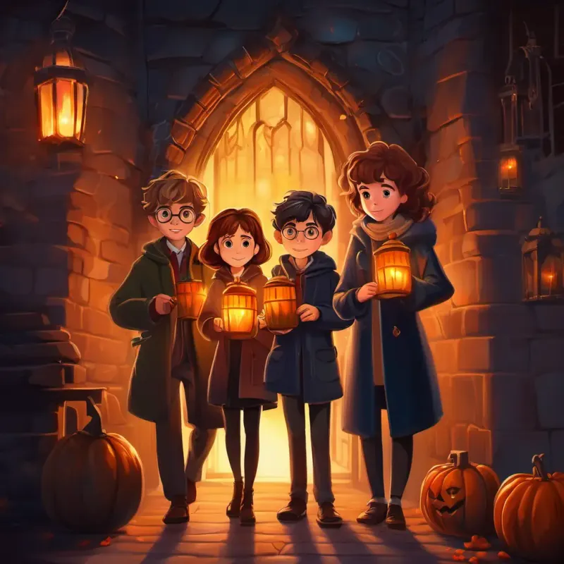 Harry, Ron, and Hermione with candlelit in their hands, sneaking through secret passages to find the hidden room.
