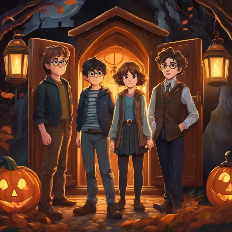 Harry, Ron, and Hermione standing in front of the locked chest, with ghostly apparitions surrounding them.